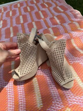 Chinese Laundry Taupe Perforated Peep-Toe Wedge Heels